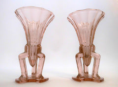 Pair of Pink Pressed Glass Art Deco  " Rocket " Vases.  Bohemia Area 1930s.  17 cm  6.70"  high