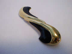 Black Enamel Gold Tone Brooch MONET