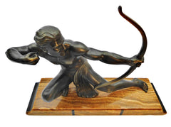 Large Male Archer Sculpture mounted on a marble base measuring 60 cm  23.62" long. Spelter with a beautiful bronze patina. Signed SALVATORE MELANI  1920-1930's.