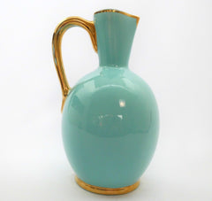 Large Pitcher BOCH La Louvière Belgium Pastel Blue with Gold-tone decor D5102 ca.1938. The form F89/3 was created by BOCH Frères Keramis between 1842 and 1850.