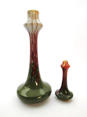 Very elegant mini Ceramic Vase Model 2 version from the "Faïenceries de Thulin" Belgium 1920s. Color Drip Glaze Technique, Main colors are olive green and red.