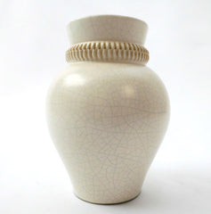 Elegant Creamy White Craqueled Glaze Vase. Turquoise Glaze inside Collar. Pol Chambost 1950s France.