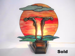 Decorative Art Deco Style White Metal Casting bronze Display. Orange, green & yellow Hand Made Stained Glass. Backlighted.