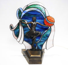 Decorative Art Deco Style White Casting bronze Display. Blue, green & white Hand Made Stained Glass. Backlighted.